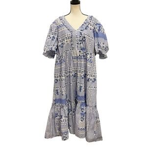 English Factory Blue & White Puff Sleeve Sundress Sz 3x Lined Long Length